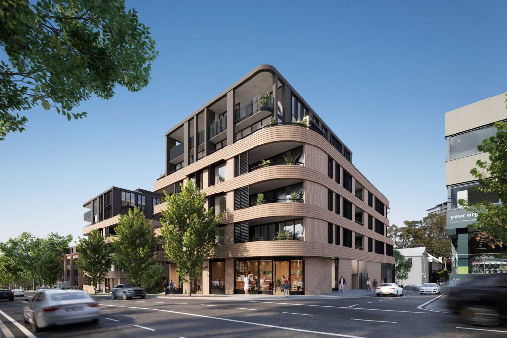Under construction: Delano by AJC in Crows Nest steps up and down with different housing types to mediate between a heritage residential area and the nerby commerical centres and transport hub. 